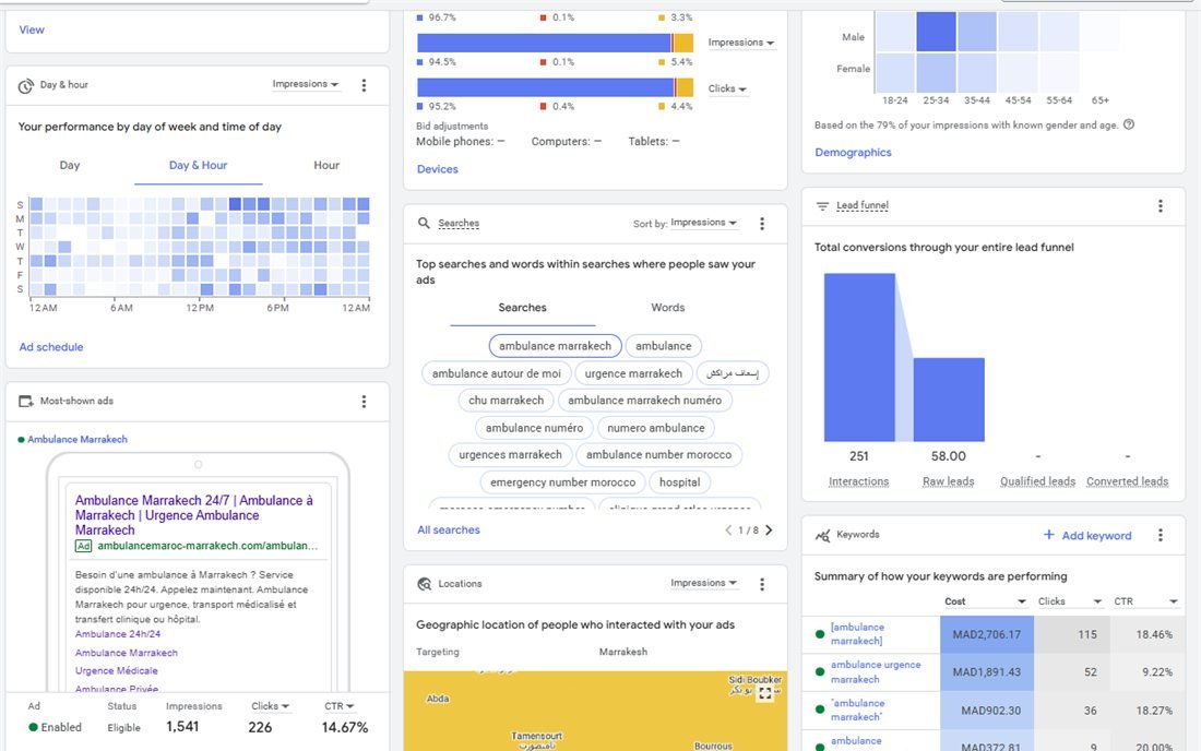 Tableau de bord Google Ads : performance par jour et heure, recherches déclenchées, tunnel de génération de leads et performance des mots-clés.