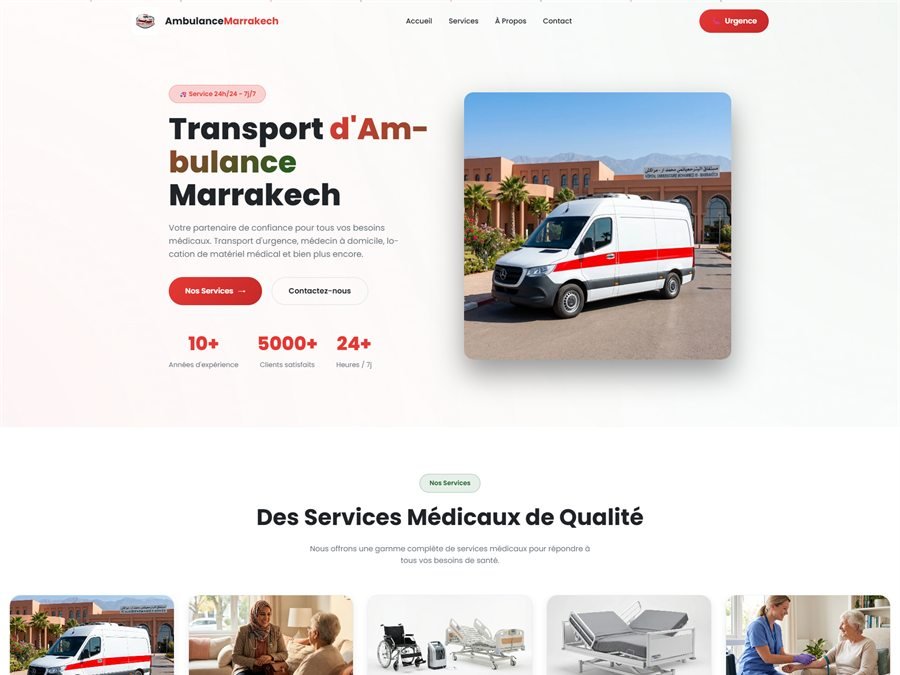 Page d'accueil du site Ambulance Marrakech : hero « Transport d'Ambulance Marrakech », cartes de services médicaux et bouton d'appel d'urgence.