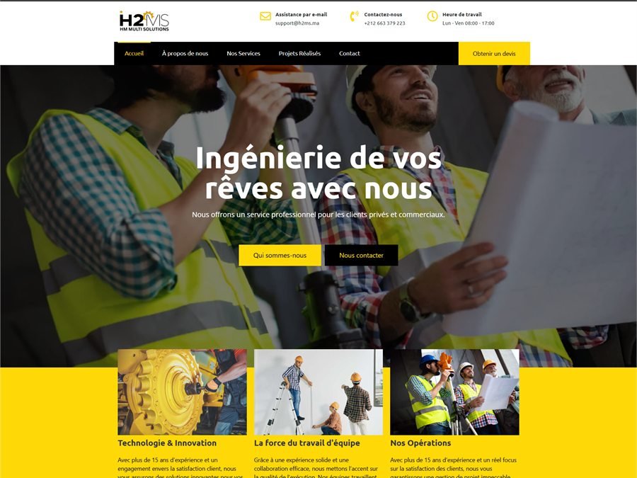 Page d'accueil du site HM Multi Solutions : hero « Ingénierie de vos rêves avec nous », blocs de services et projets réalisés.