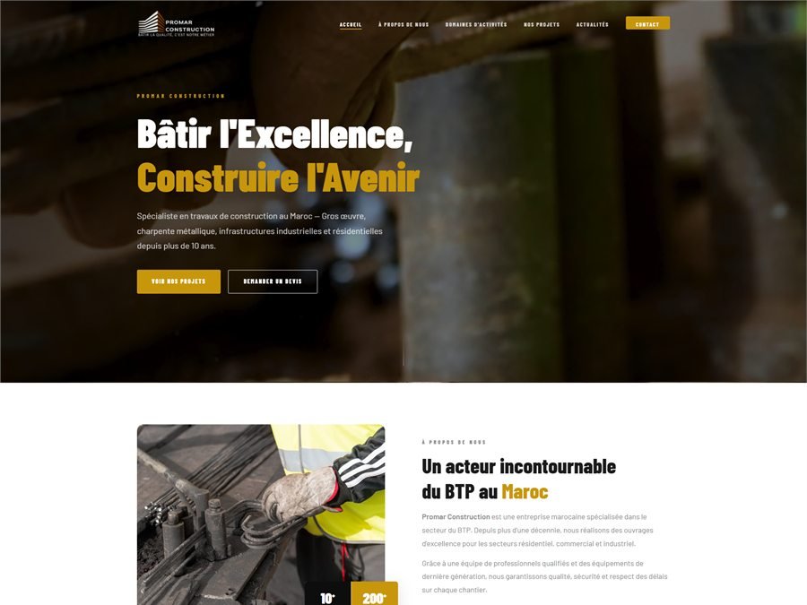 Page d'accueil du site Promar Construction : hero sombre « Bâtir l'Excellence, Construire l'Avenir », domaines d'activité BTP et dernières réalisations.